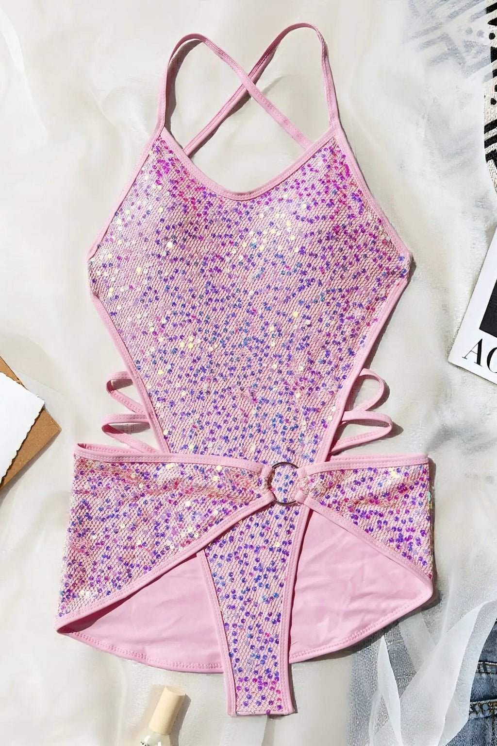 Light Pink Sequin Sparkly Strappy Thong Monokini Cover-Up 2Pc Swimsuit