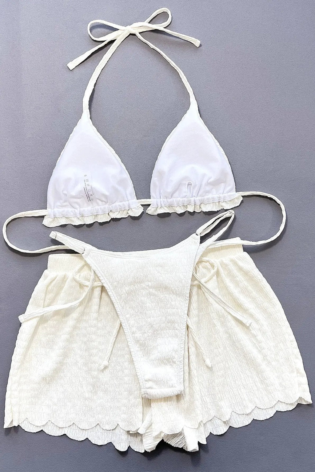 Sexy White Textured Triangle Cheeky Bikini Shorts 3Pc Swimsuit Set