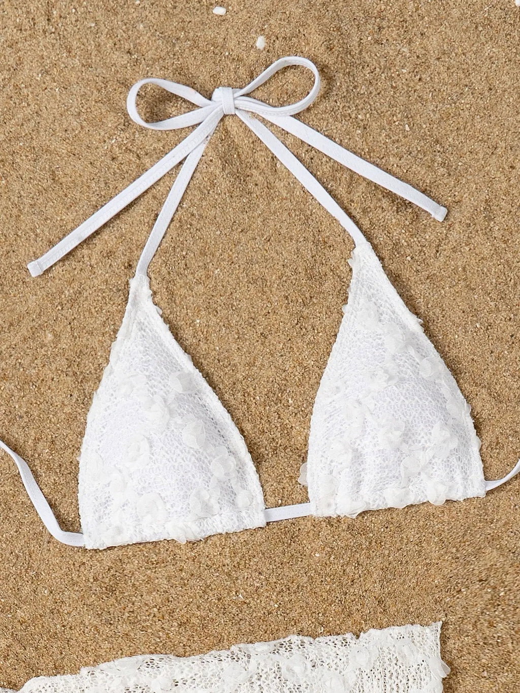 White 3D Rose Fabric Triangle Cheeky Cover-Up Sexy 3Pc Swimsuit Set