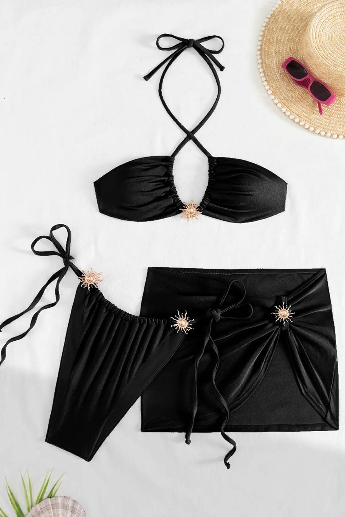 Black Gold Sun Decor Halter Bandeau Cheeky Mesh Cover-Up 3Pc Swimsuit Set
