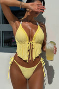 Yellow Ruffle Textured Handkerchief Top Natural Stones Sexy 2Pc Swimsuit Set