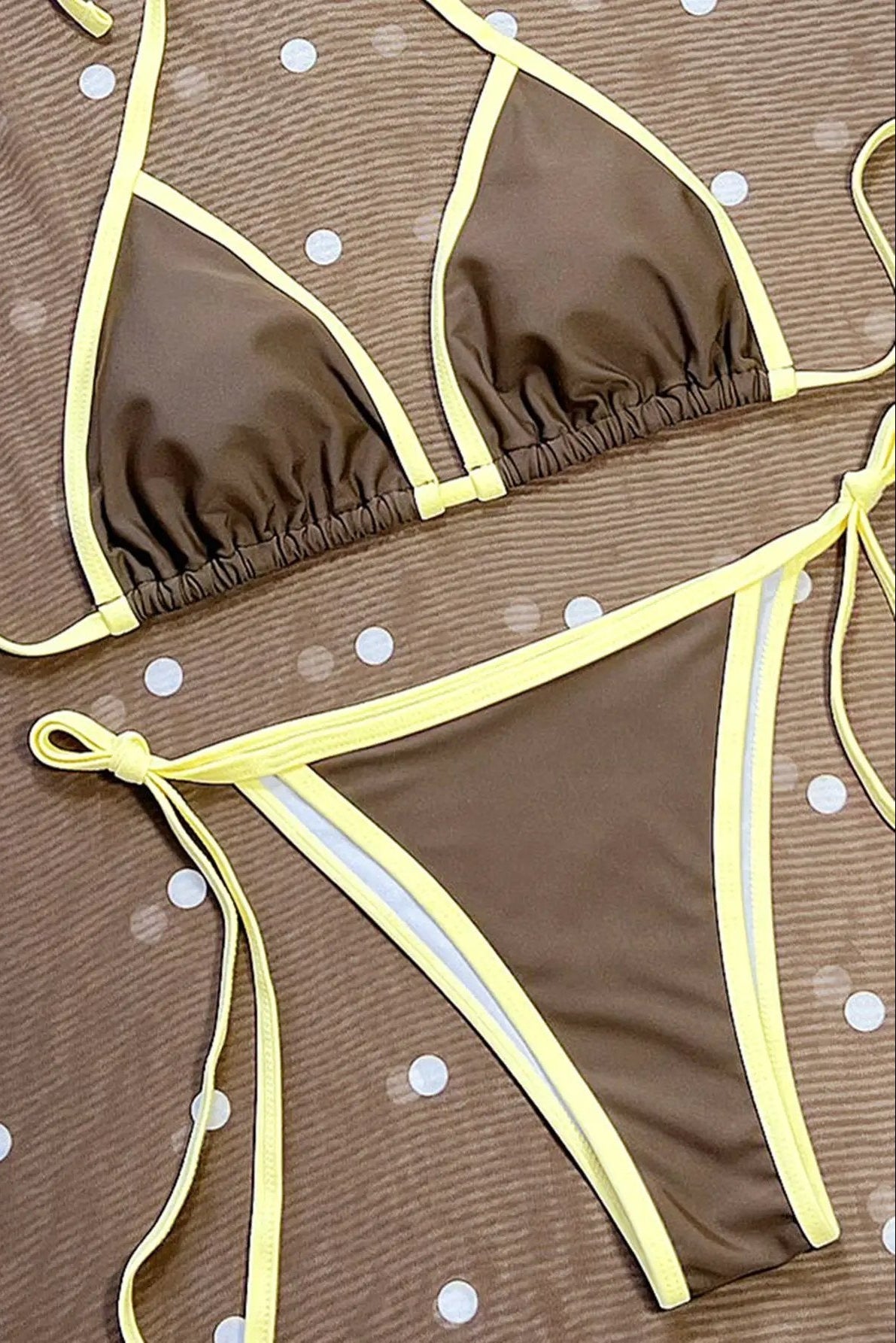 Sexy Brown Yellow Trim Triangle Cheeky Mesh Maxi Polka Dot Skirt Cover-Up 3Pc Swimsuit Set