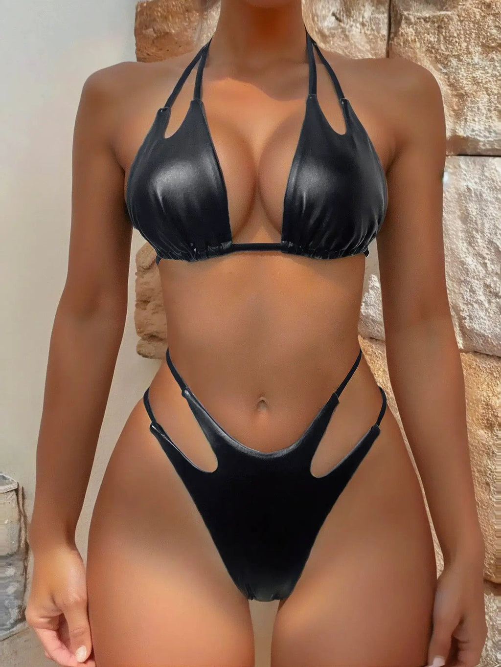 Black Wet Look Strappy Tiny Triangle Ruched Back Sexy 2Pc Swimsuit Set