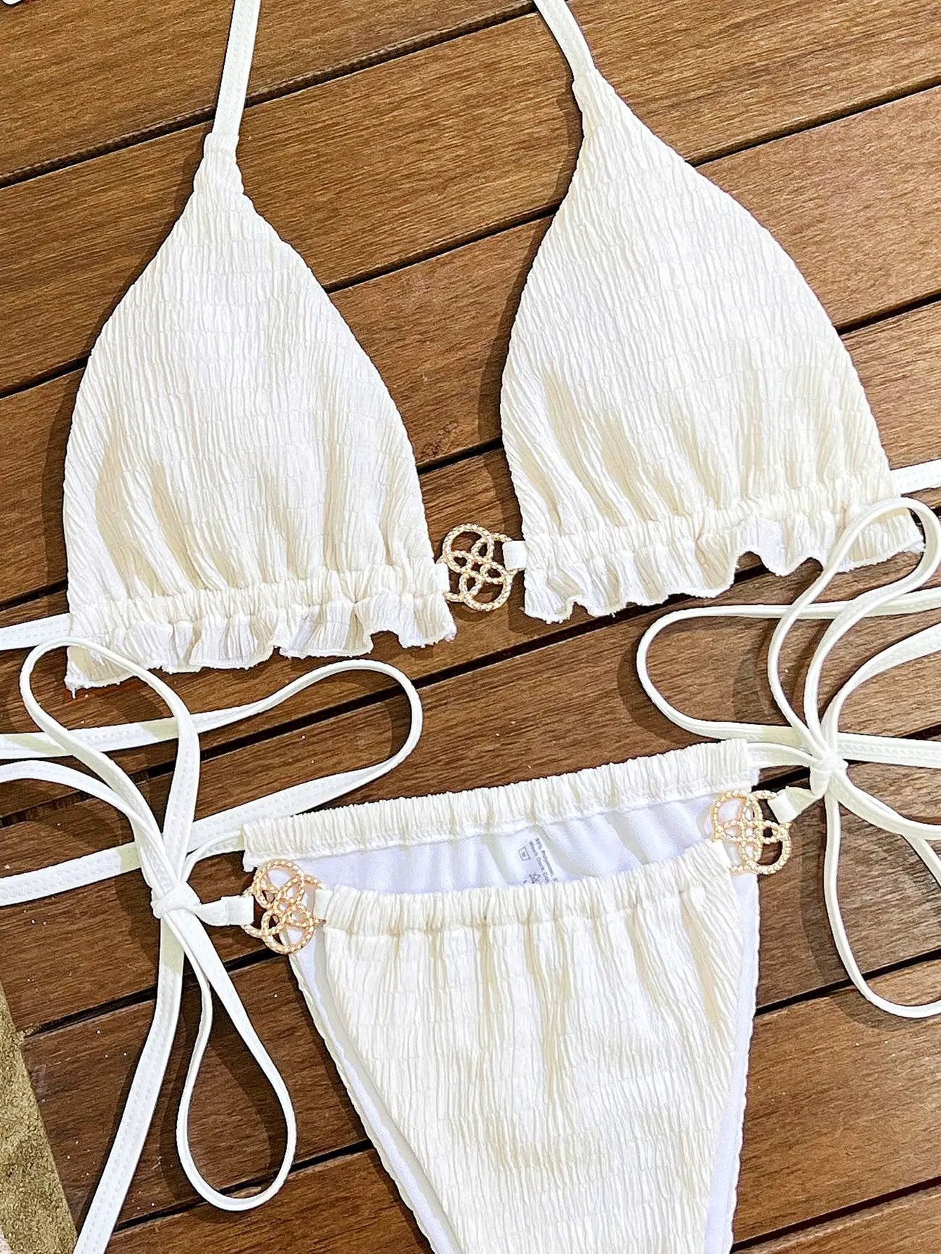 White Designer Buckle Ruffle Cheeky Sexy Bikini 2Pc Swimsuit Set