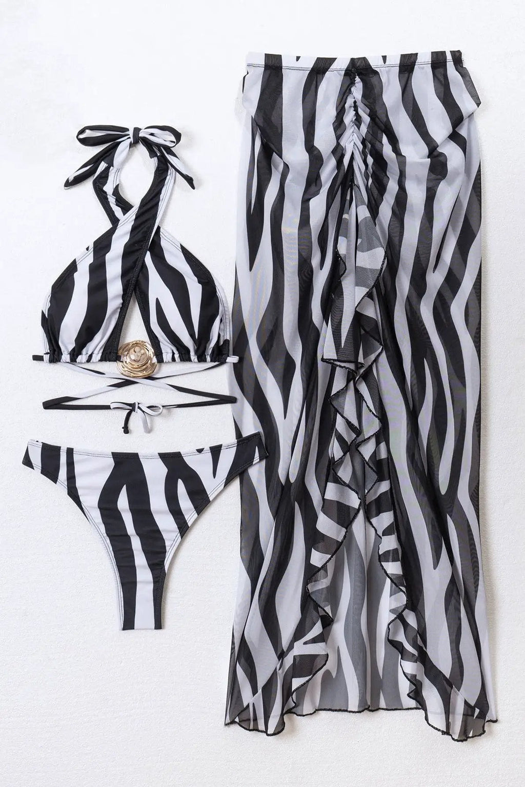 Black White Zebra Halter Gold Metal Decor Maxi Mermaid Skirt Cover-Up Sexy 3Pc Swimsuit Set