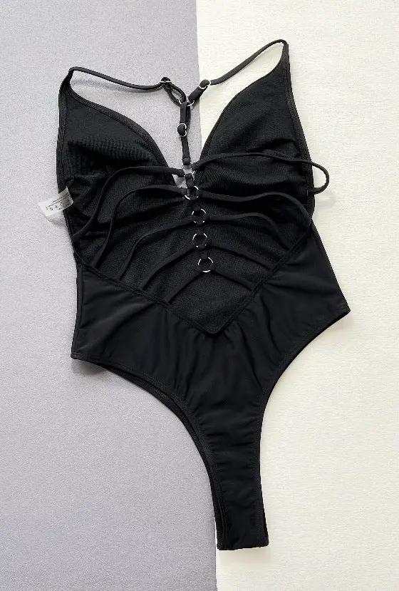 Black V-Cut Strappy Back Thong Sexy Monokini 1Pc Swimsuit