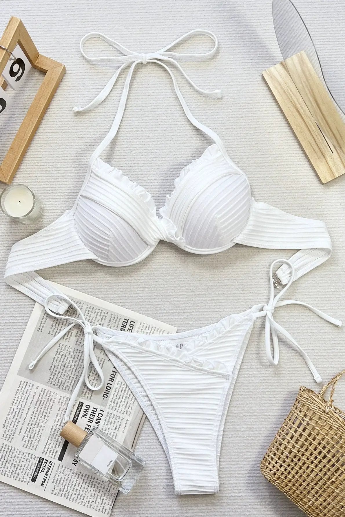 White Wired Push-Up Ruffle Contour Cheeky Sexy 2Pc Bikini Swimsuit Set
