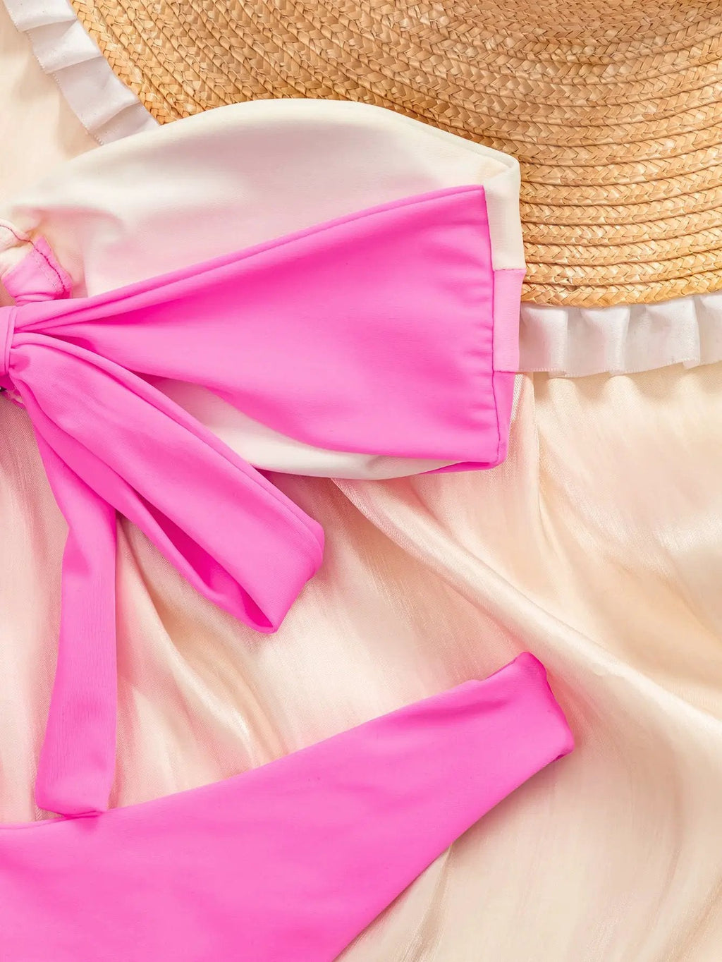 Pink White O-Ring Bandeau Sexy Cheeky 2Pc Swimsuit Set Bikini