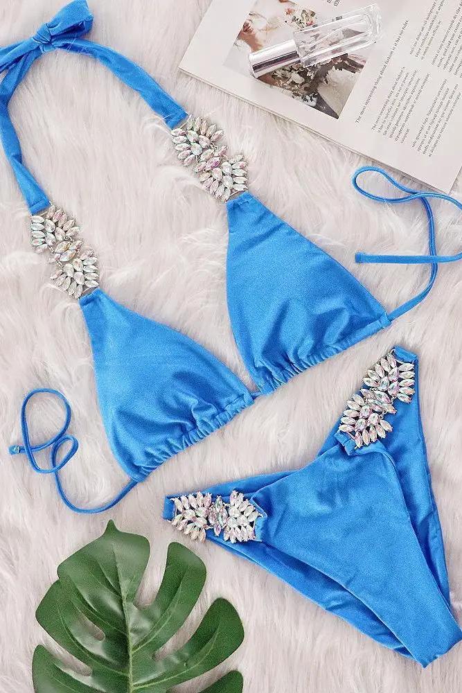 Blue Silky Big Rhinestone Decor Ruched Back Sexy 2Pc Swimsuit Set Bikini