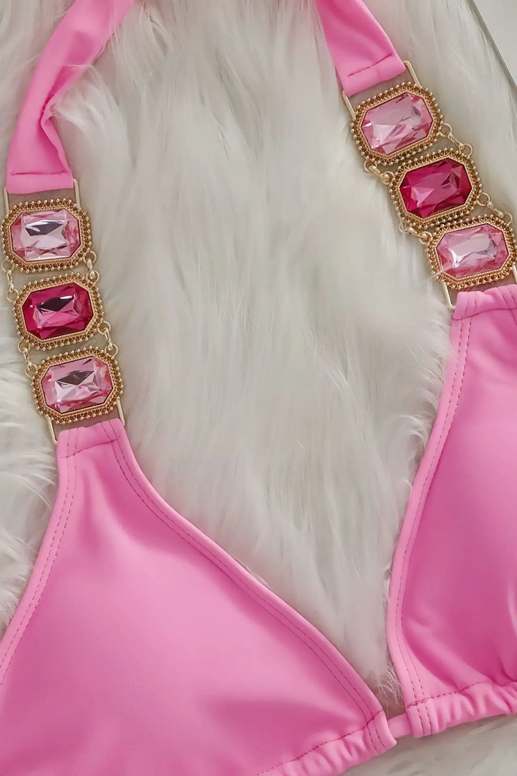 Pink Rhinestone Gem Halter Ruched Back Cheeky Sexy 2Pc Swimsuit Set BIkini