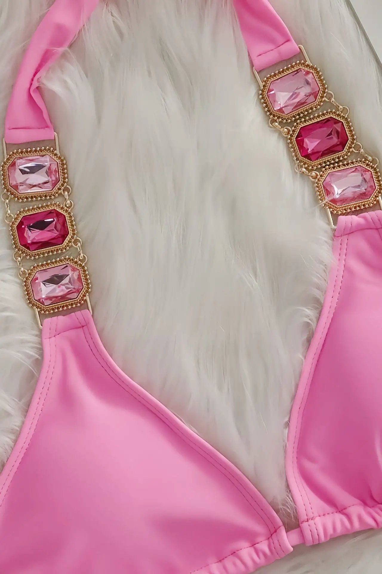 Pink Rhinestone Gem Halter Ruched Back Cheeky Sexy 2Pc Swimsuit Set BIkini