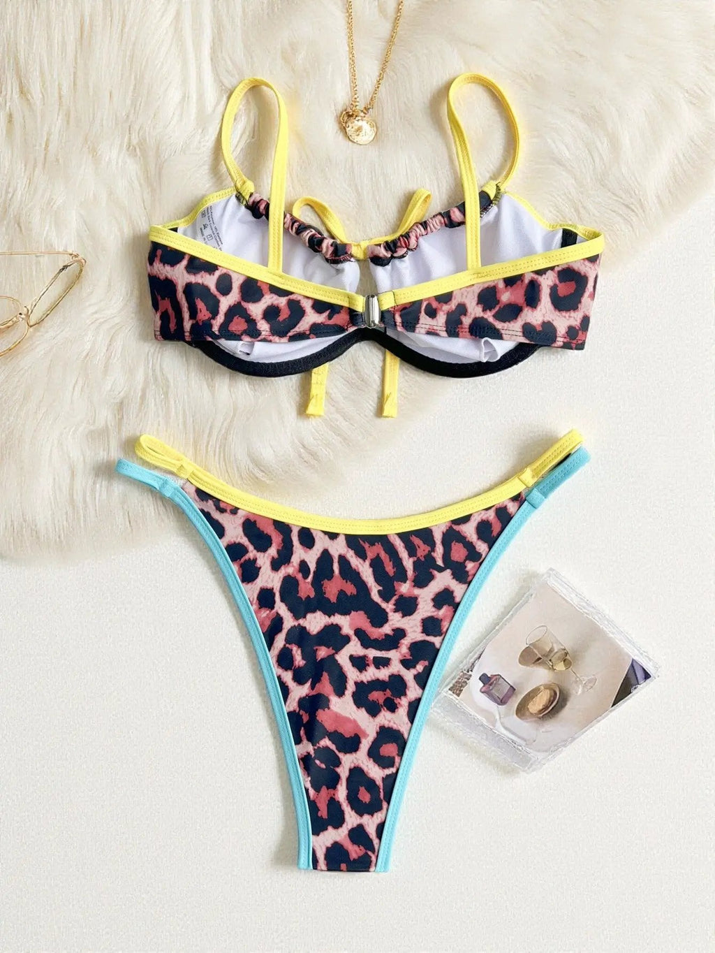 Blue Yellow Leopard Wired Top Cheeky Bottom Sexy 2Pc Swimsuit Set