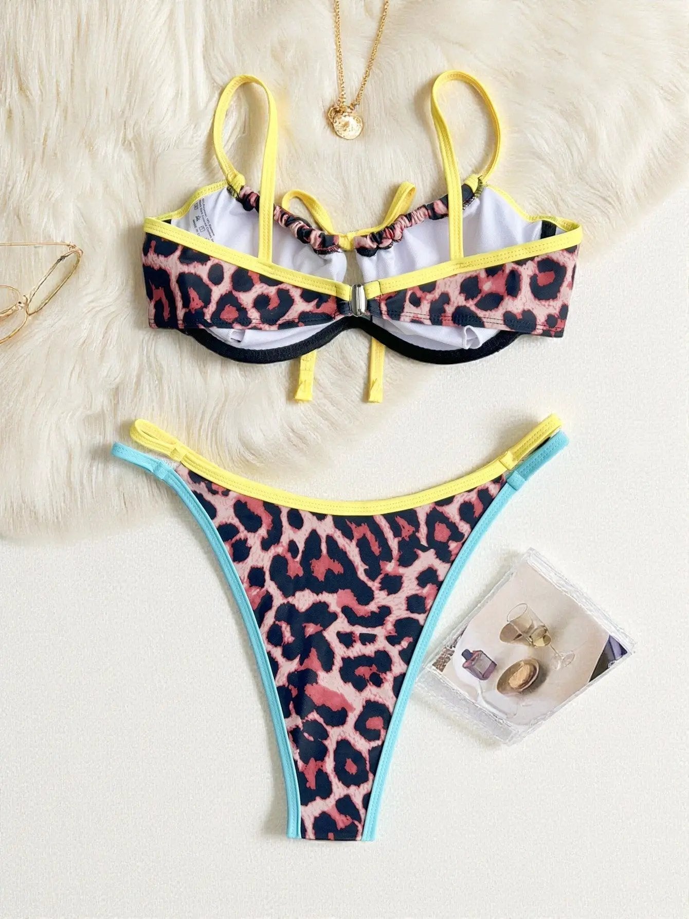 Blue Yellow Leopard Wired Top Cheeky Bottom Sexy 2Pc Swimsuit Set