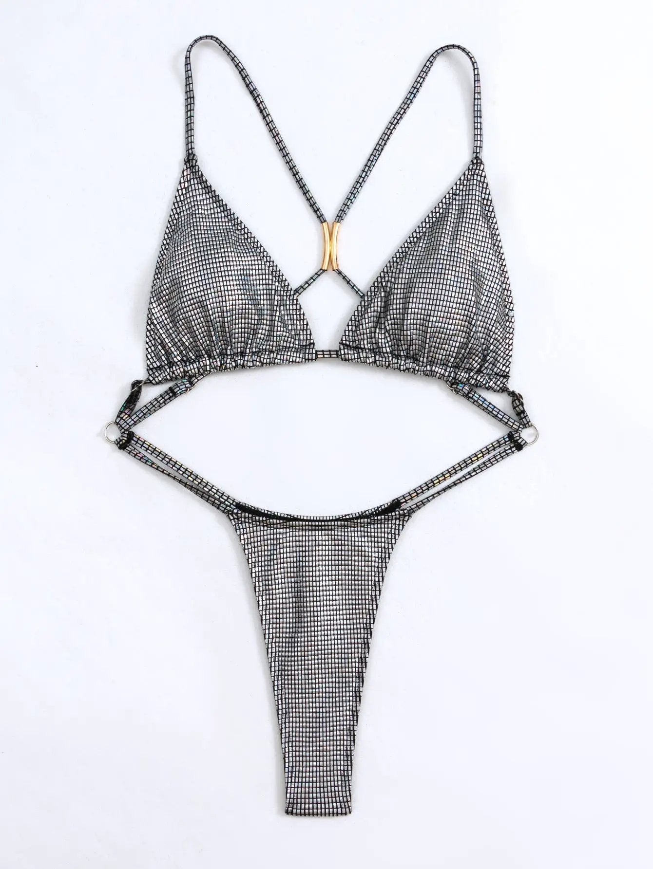Silver Holographic Strappy Push-Up Thong Sexy Monokini 1Pc Swimsuit