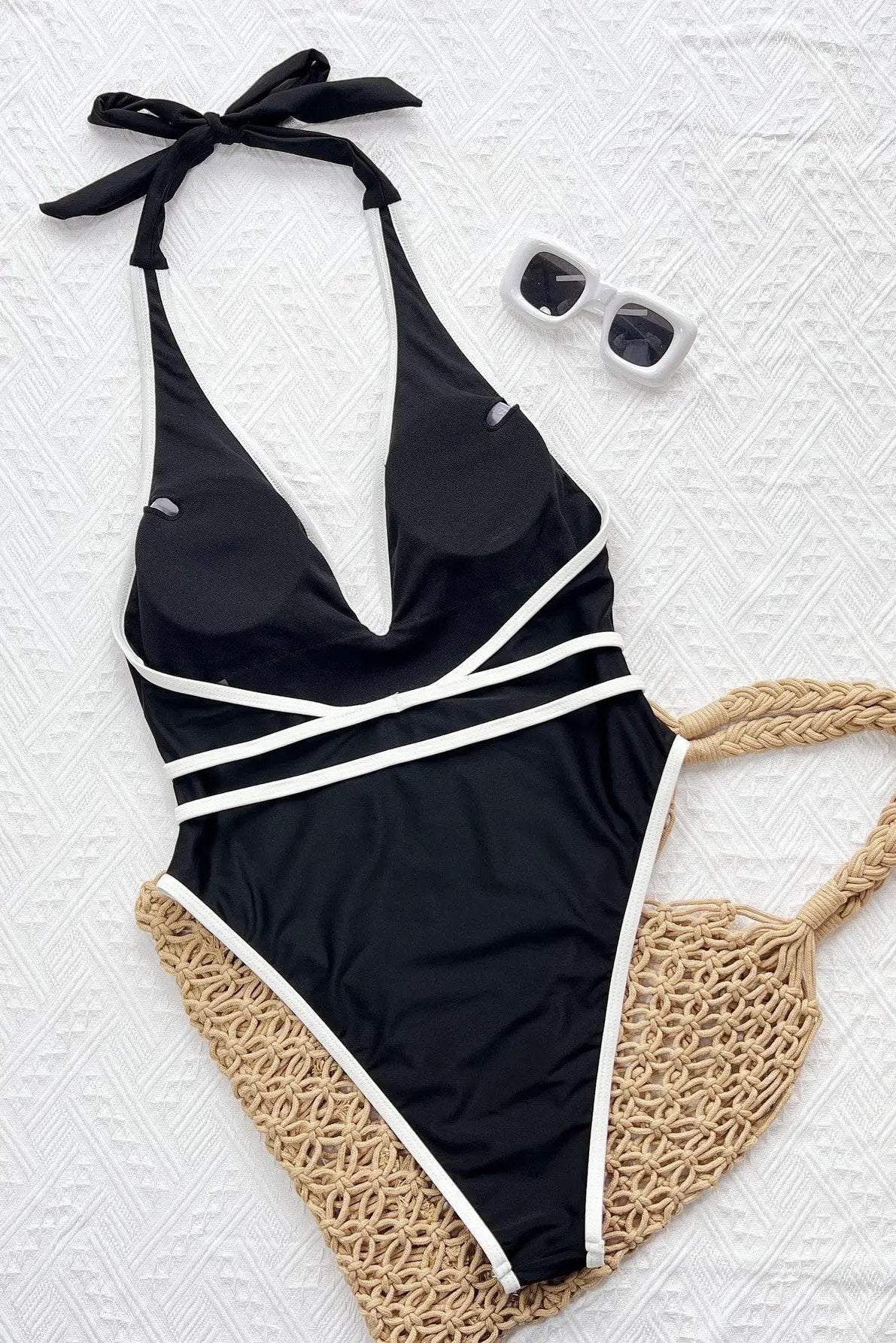 Black White Trim Designer Buckle Plunging-V Backless Sexy 1Pc Swimsuit Monokini