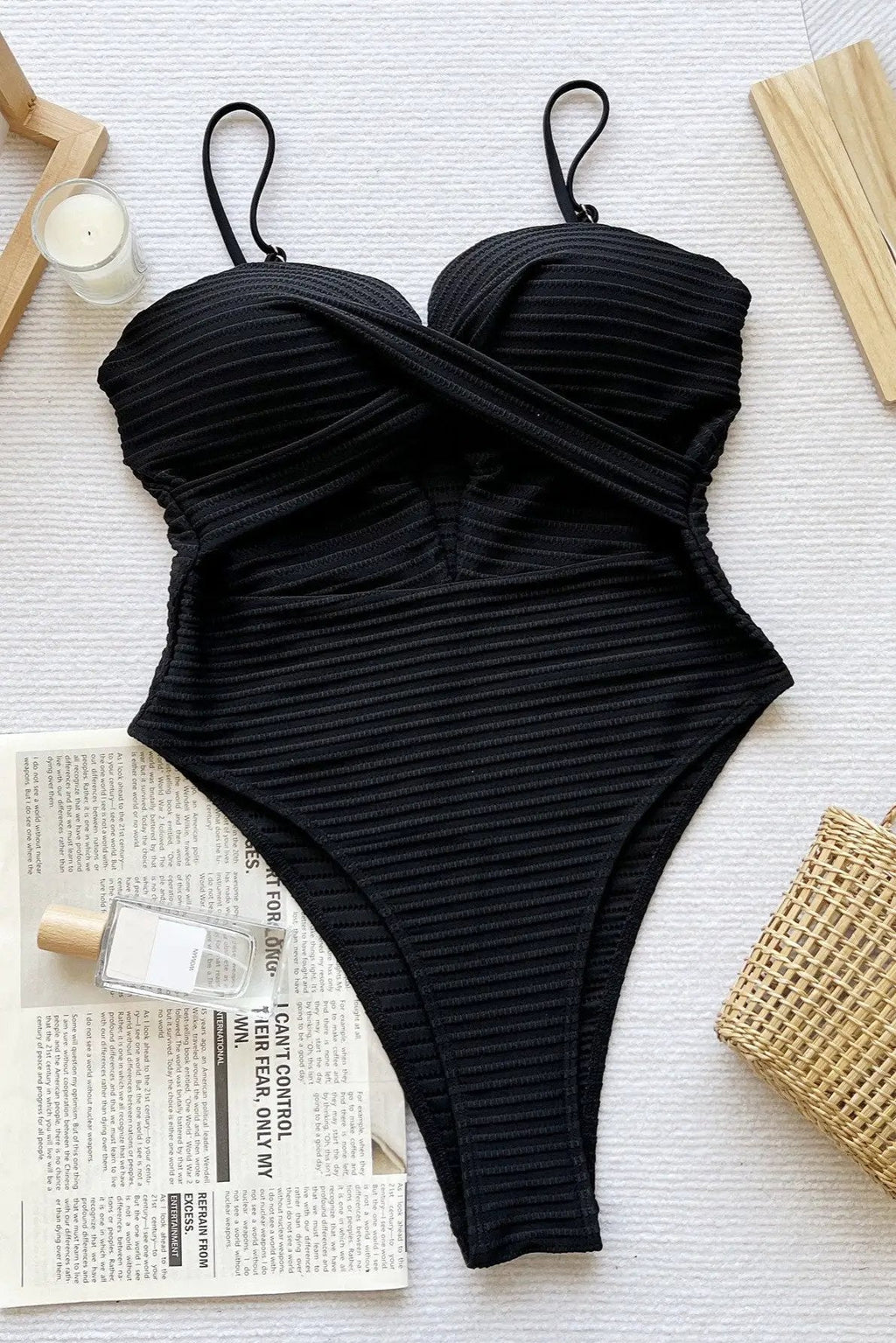 Black Textured Push-Up Padded Cleavage Sexy 1Pc Swimsuit Monokini