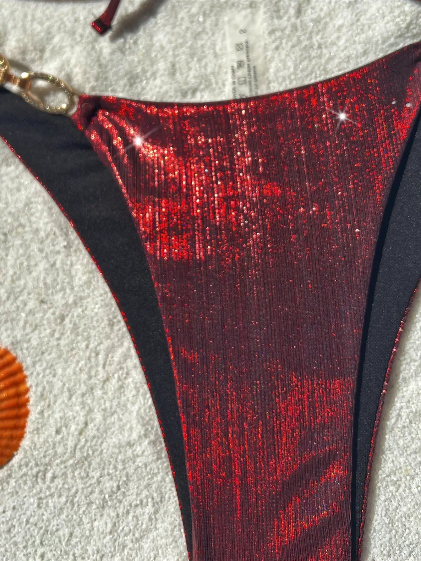 Red Shimmer Halter Rhinestone Ring Detail Cheeky 2Pc Swimsuit Set
