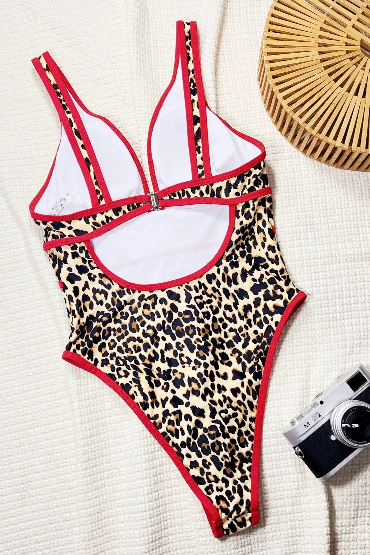 Leopard Print Red Trim Plunging-V High Cut Sexy 1Pc Swimsuit Monokini