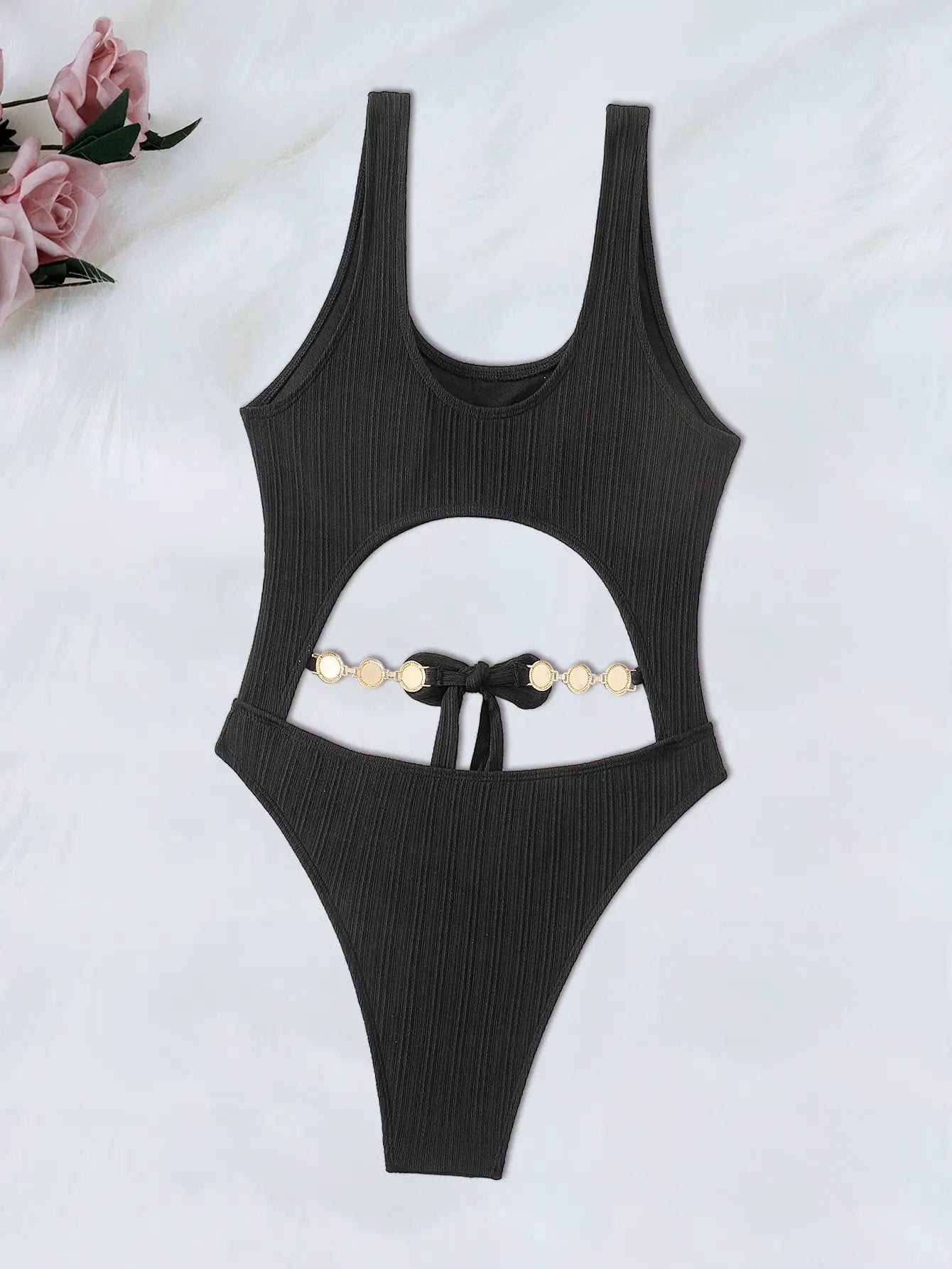 Black Textured Fabric Gem Cut-Out Sexy 1Pc Swimsuit Monokini