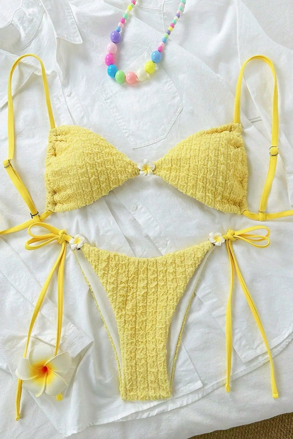 Yellow Textured Hawaiian Plumeria Flower Sexy 2Pc Swimsuit Set Bikini