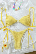Yellow Textured Hawaiian Plumeria Flower Sexy 2Pc Swimsuit Set Bikini