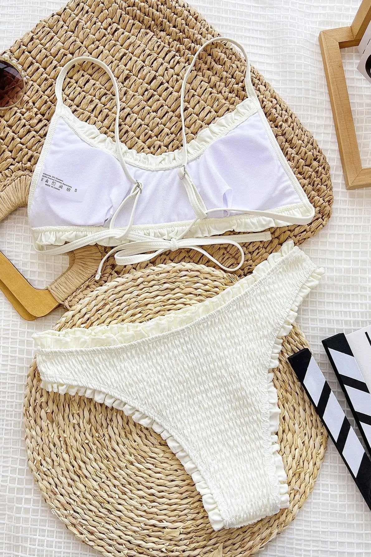 Off White Smocked Strappy High Waisted Contouring Sexy 2Pc Swimsuit Set