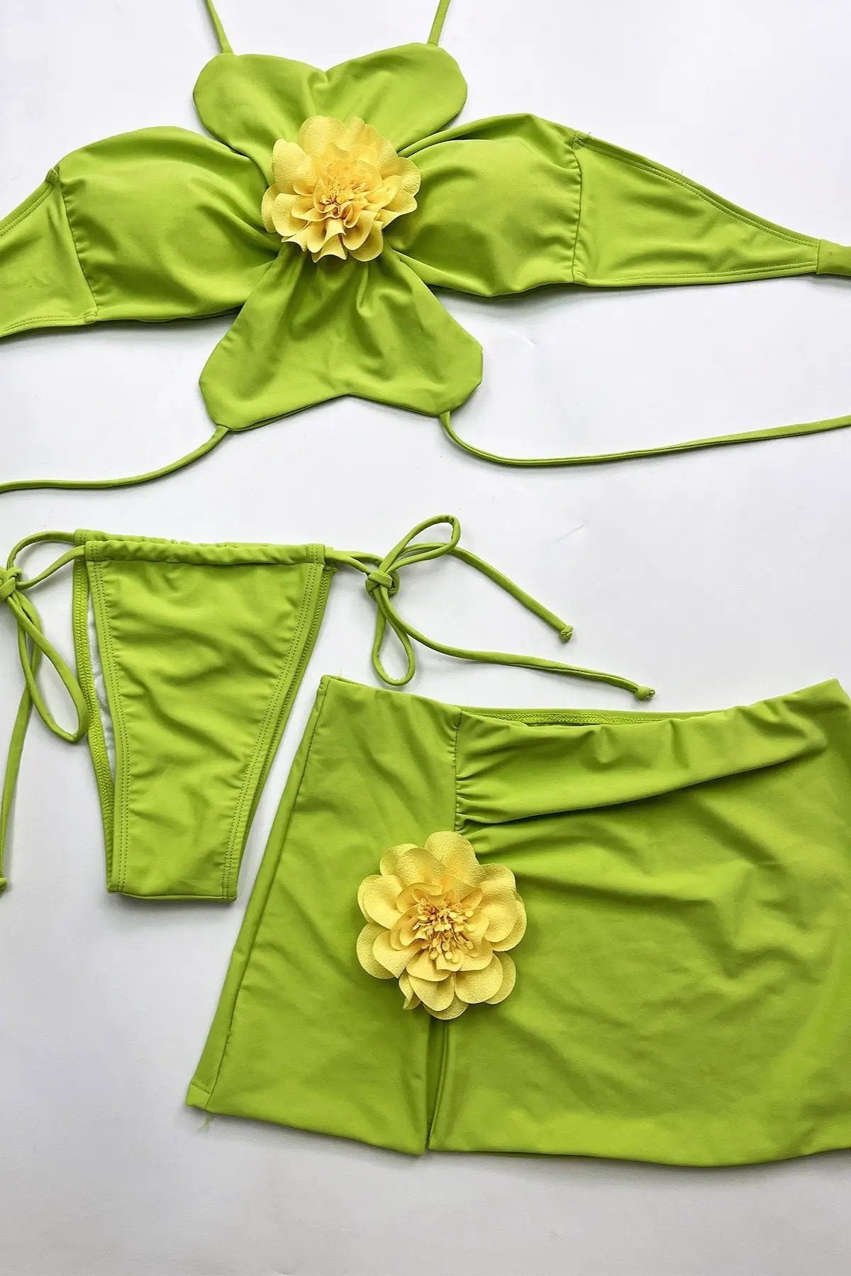 Green Unique Flower Top Cheeky Skirt Cover-Up 3Pc Swimsuit Set Outfit