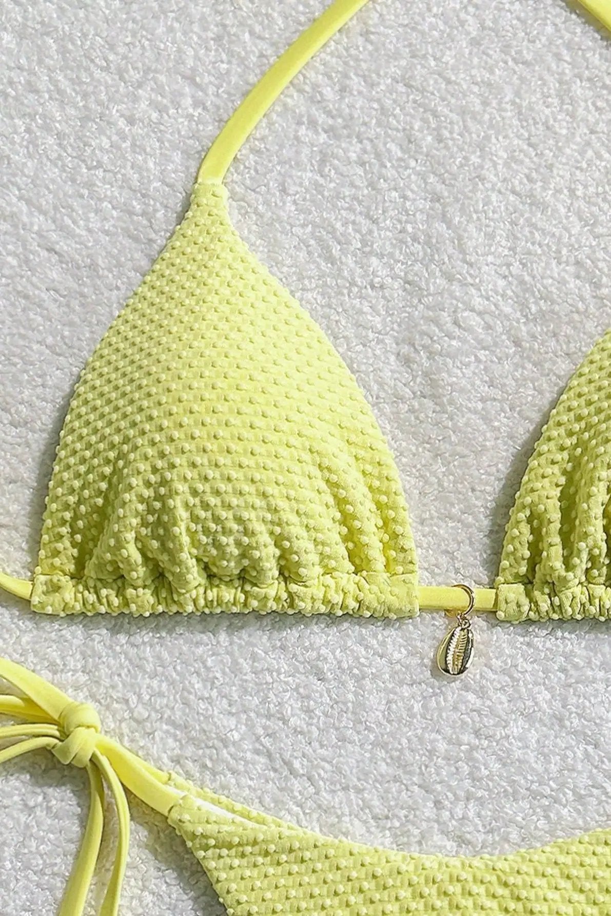 Yellow Dot Texture Fabric Gold Shell Charm Ruched Butt Sexy 2Pc Swimsuit Set Bikini