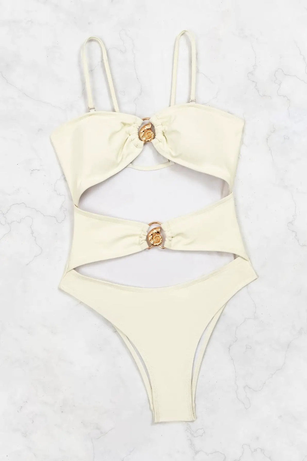 Off White Gold Sea Shell Cut-Out Cheeky Sexy Monokini 1Pc Swimsuit