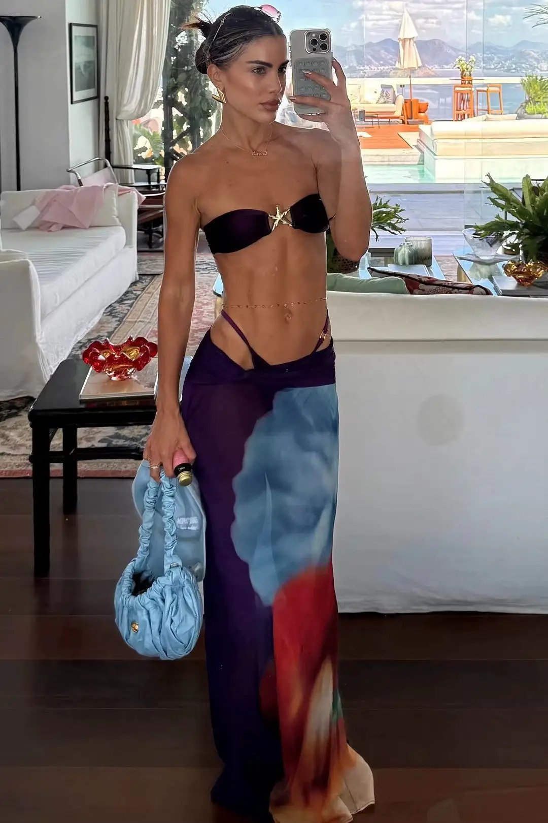 Purple Printed Gold Starfish Bandeau Cheeky Mesh Maxi Cover-Up 3Pc Swim Set