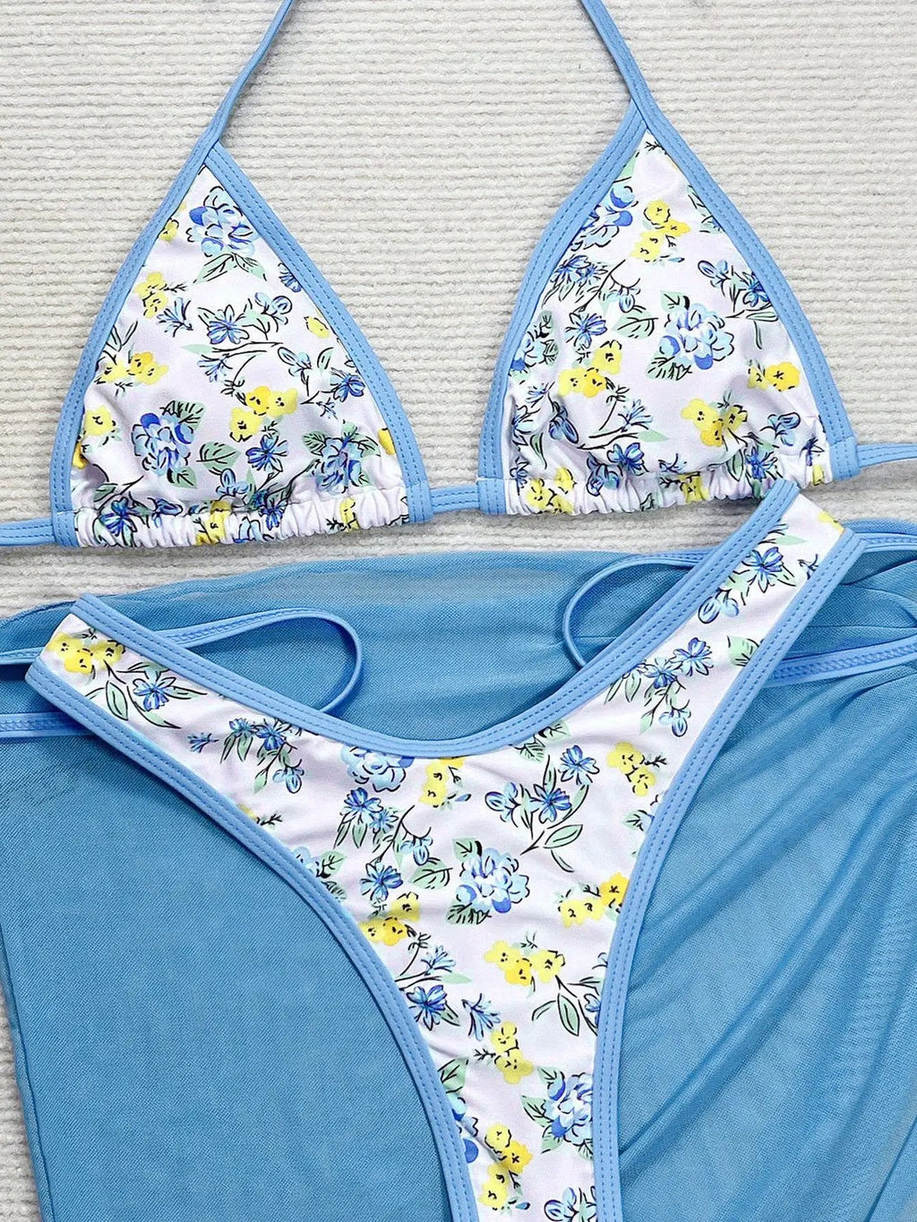 Blue Spring Bloom Print Cover-Up Sexy 3Pc Thong Swimsuit Set Bikini