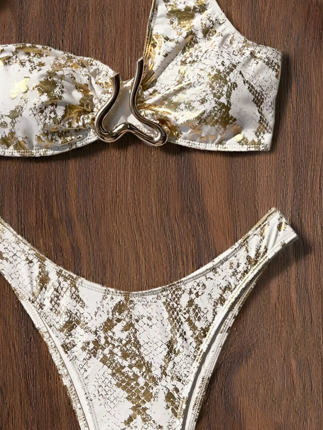 White Gold Snake Print One Shoulder Metal Decor Sexy 2Pc Swimsuit Set