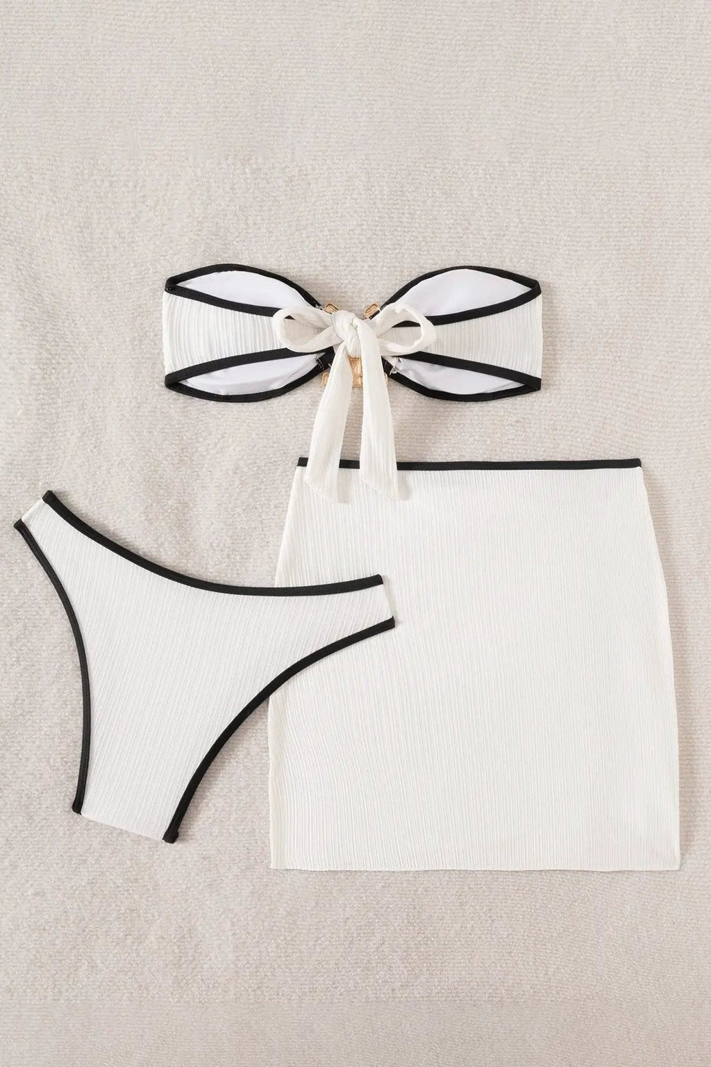 White Bandeau Black Piping Gold Decor Cover-Up Sexy 3Pc Swimsuit Set