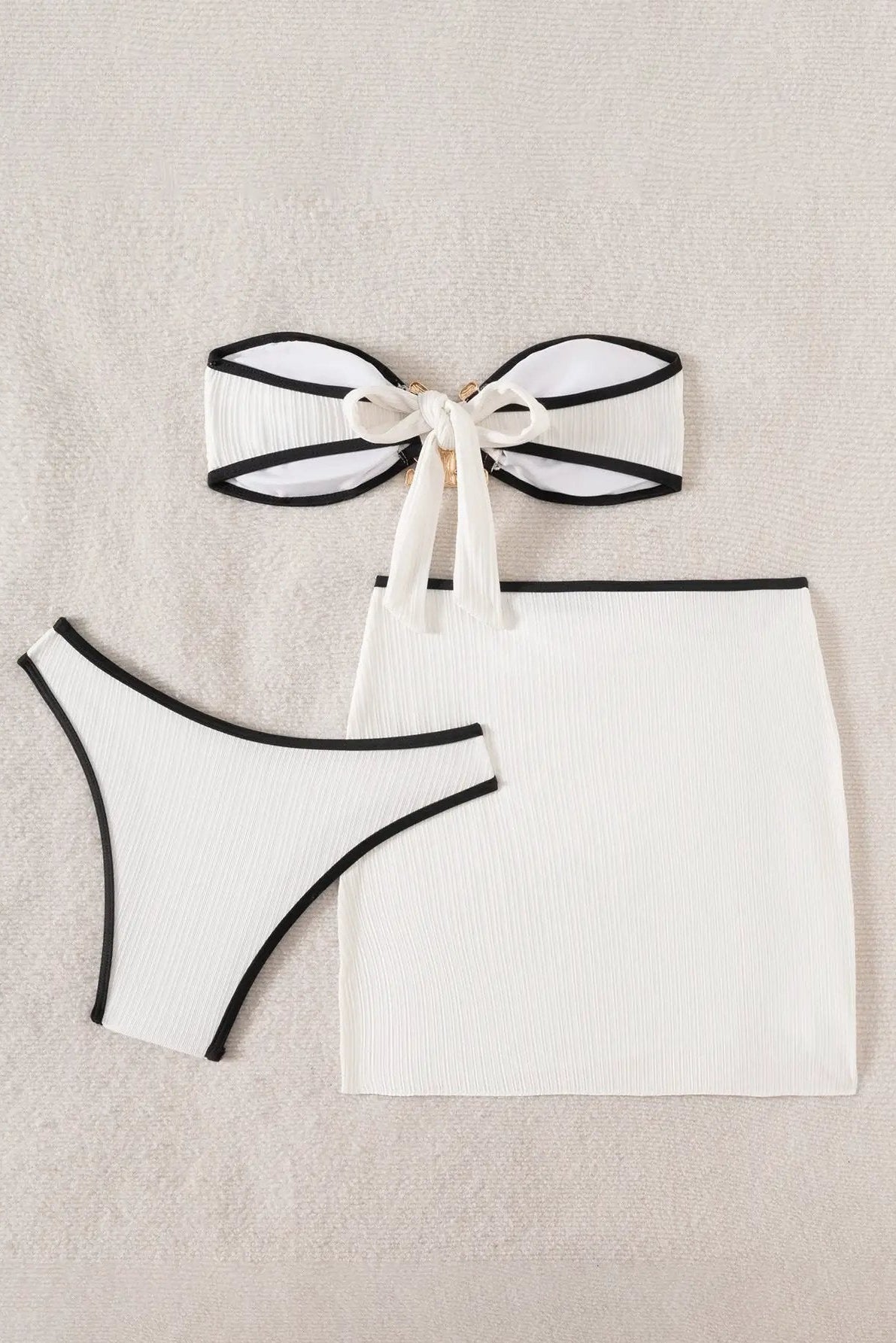 White Bandeau Black Piping Gold Decor Cover-Up Sexy 3Pc Swimsuit Set