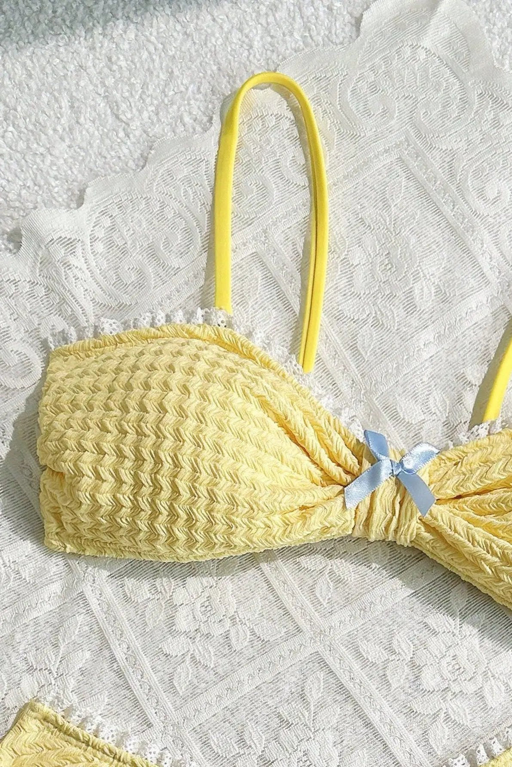 Yellow Textured Bow Lace Sexy 2Pc Swimsuit Set Bikini