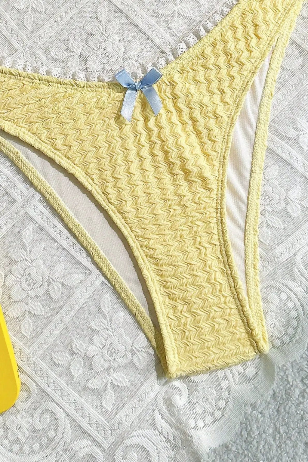 Yellow Textured Bow Lace Sexy 2Pc Swimsuit Set Bikini