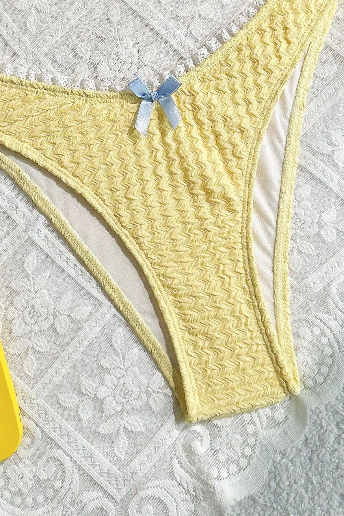 Yellow Textured Bow Lace Sexy 2Pc Swimsuit Set Bikini