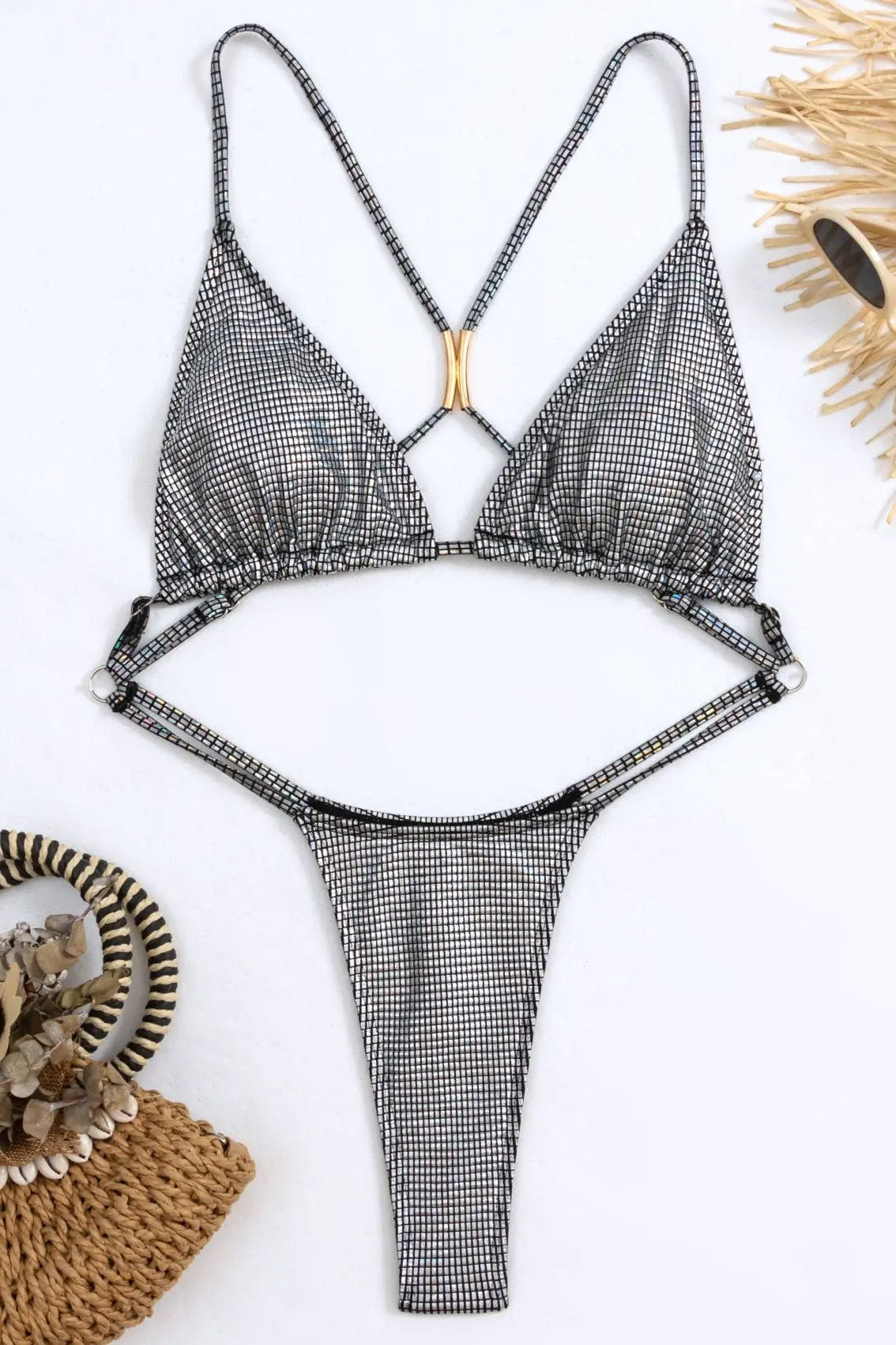 Silver Holographic Strappy Push-Up Thong Sexy Monokini 1Pc Swimsuit