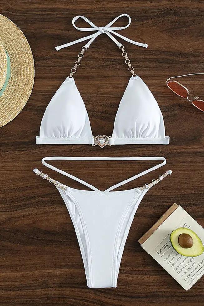 White Heart Rhinestone Strappy Tied Sexy 2Pc Swimsuit Set Bikini