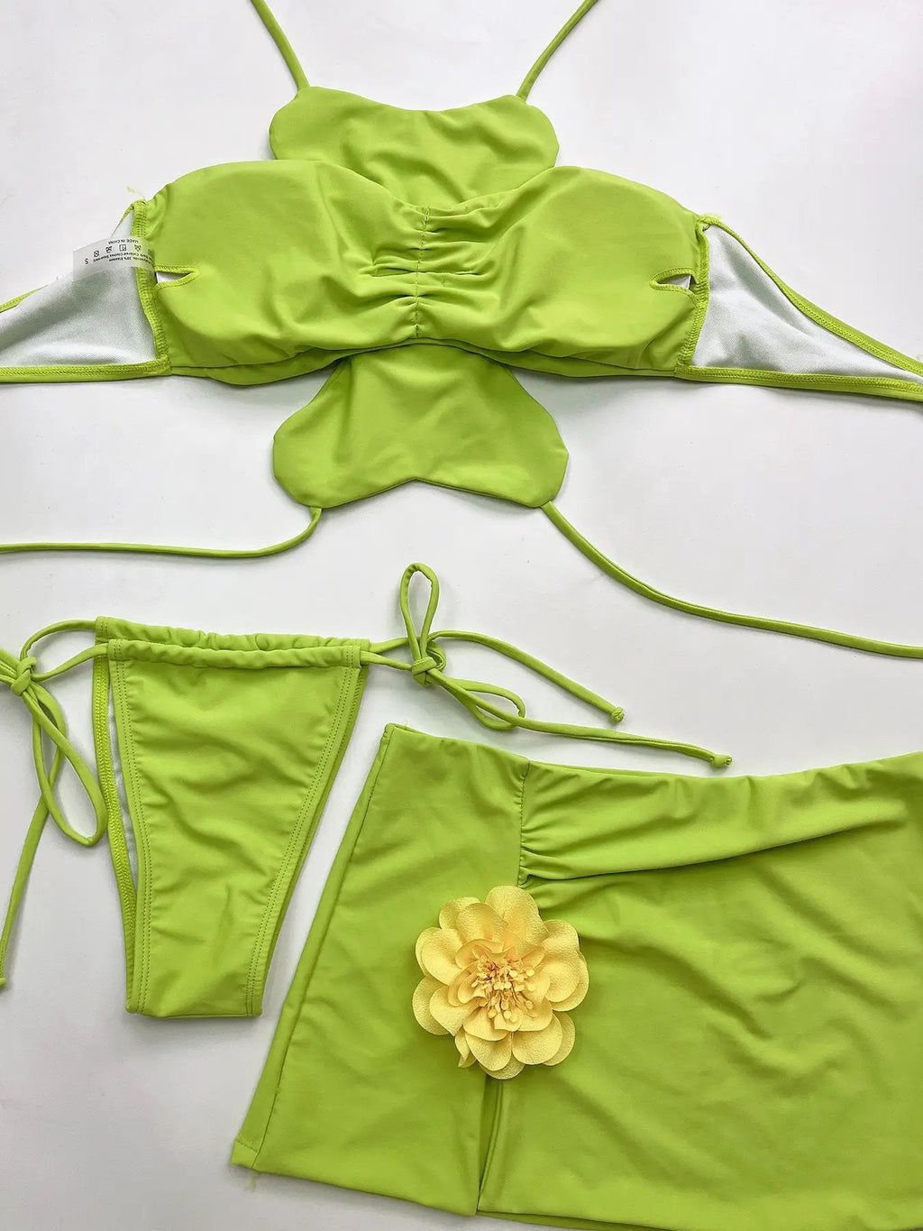 Green Unique Flower Top Cheeky Skirt Cover-Up 3Pc Swimsuit Set Outfit