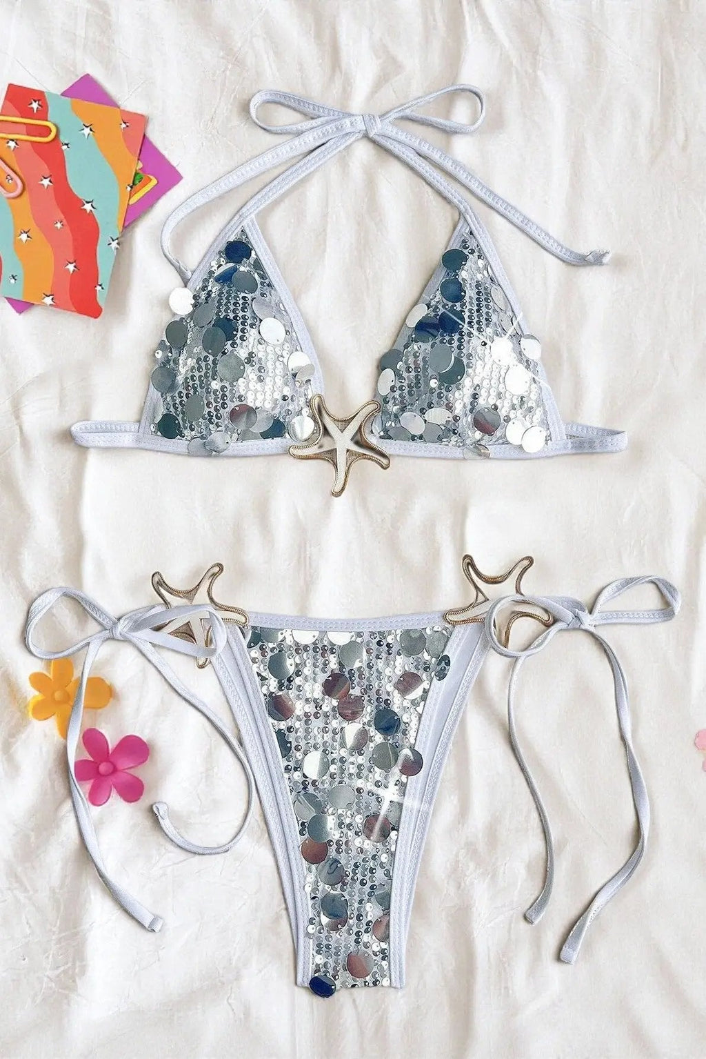 Silver White Big Sequin Starfish Sexy 2Pc Bikini Swimsuit Set