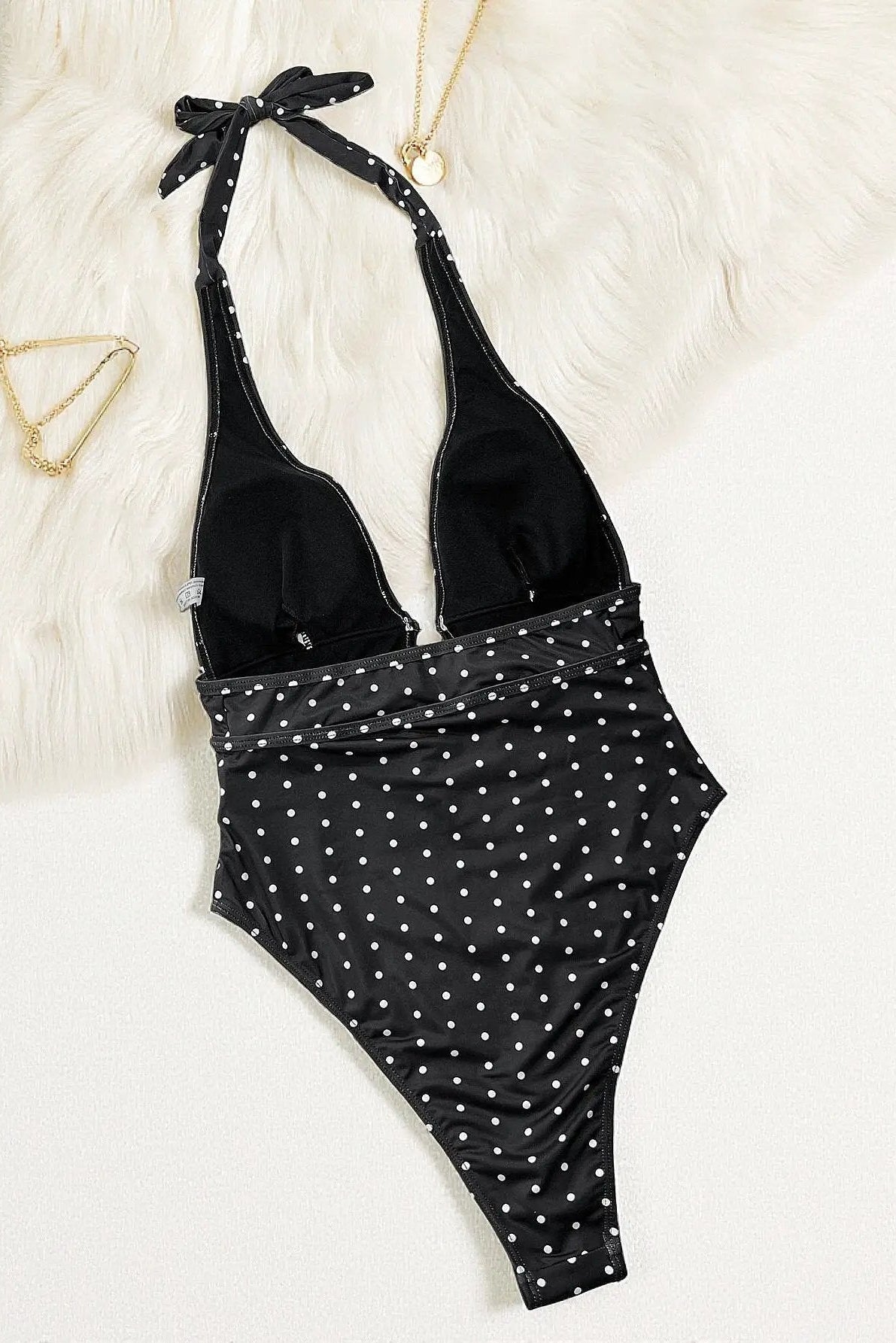 Black Polka Dot Designer Buckles Plunging Neck Halter Sexy Monokini 1Pc Swimsuit
