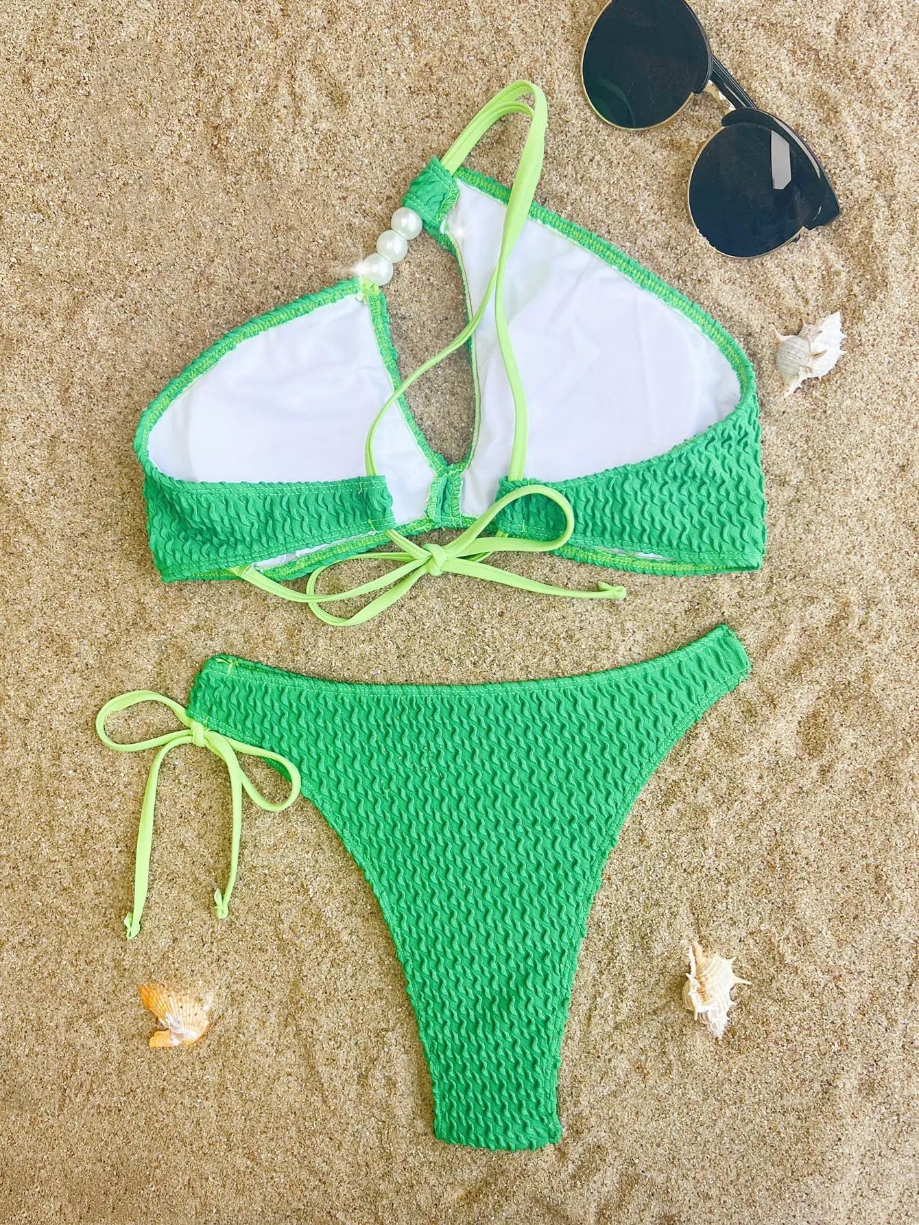 Green Textured Pearl One Shoulder Cheeky Sexy 2Pc Swimsuit Set