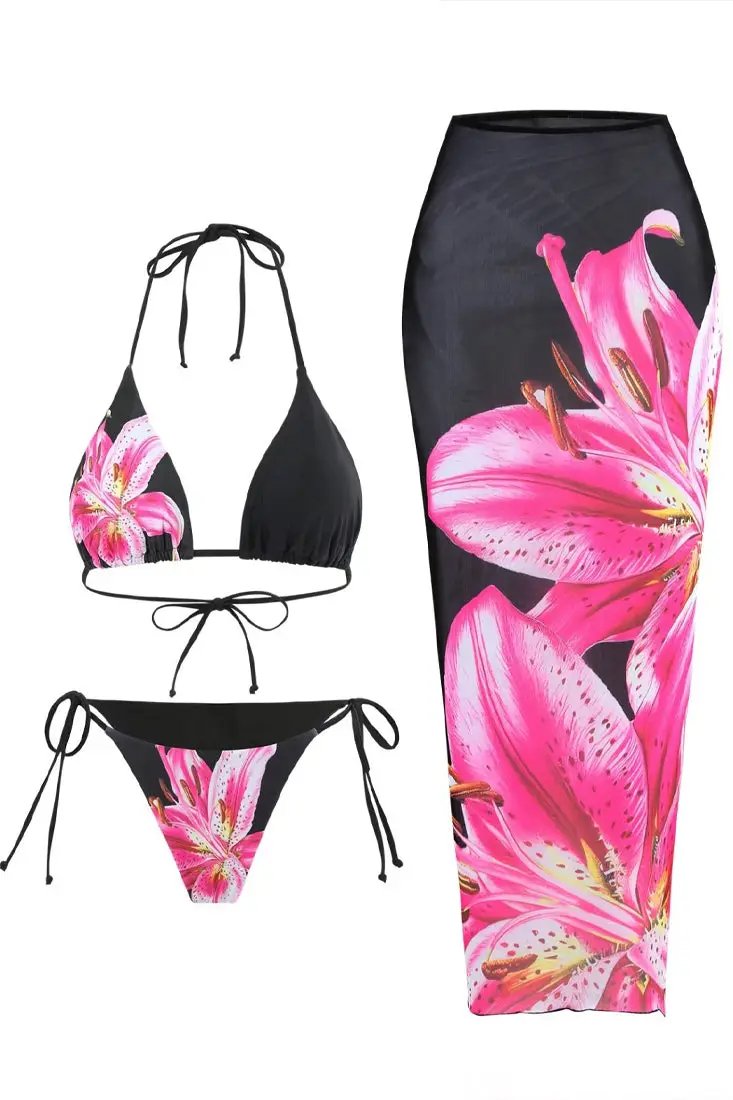 Black Pink Flower Triangle Cheeky Bikini Maxi Cover-Up Sexy 3Pc Swimsuit Set
