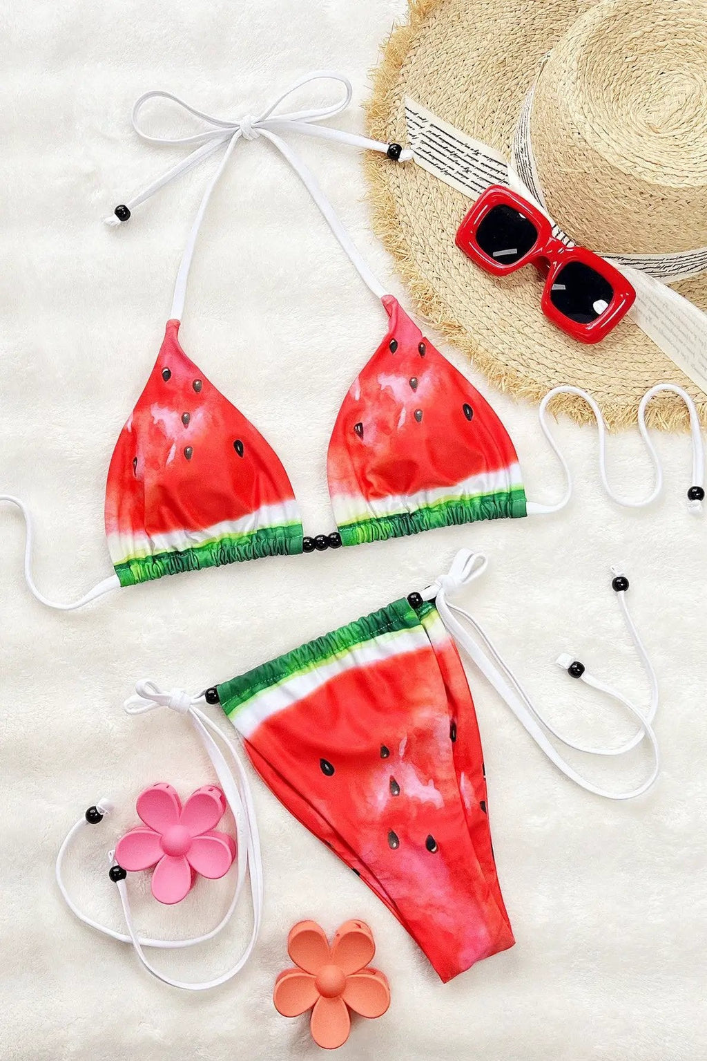 Red Green Watermelon Print Beads Sexy Triangle Cheeky 2Pc Swimsuit Set Bikini