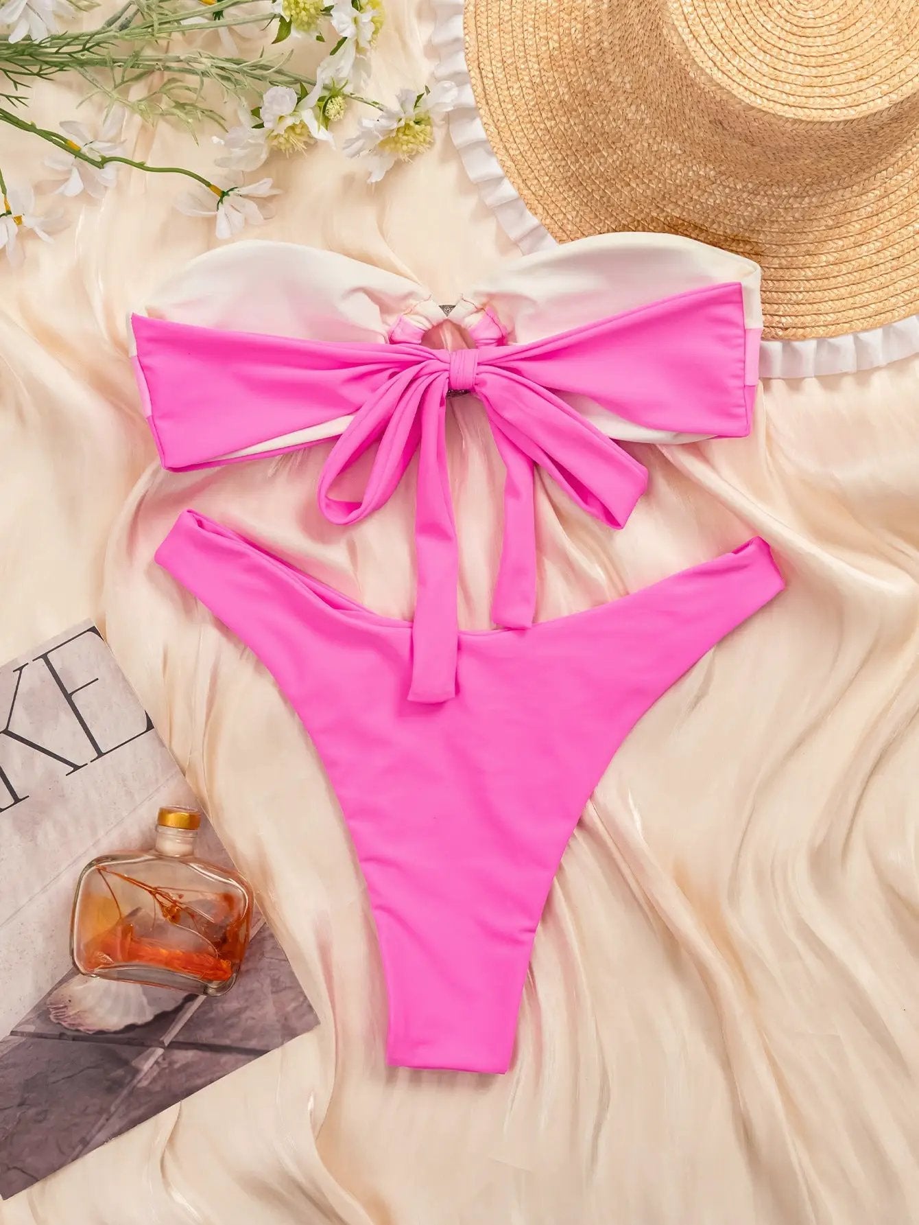 Pink White O-Ring Bandeau Sexy Cheeky 2Pc Swimsuit Set Bikini