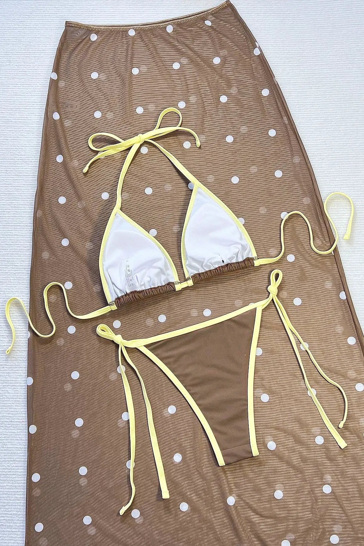 Sexy Brown Yellow Trim Triangle Cheeky Mesh Maxi Polka Dot Skirt Cover-Up 3Pc Swimsuit Set