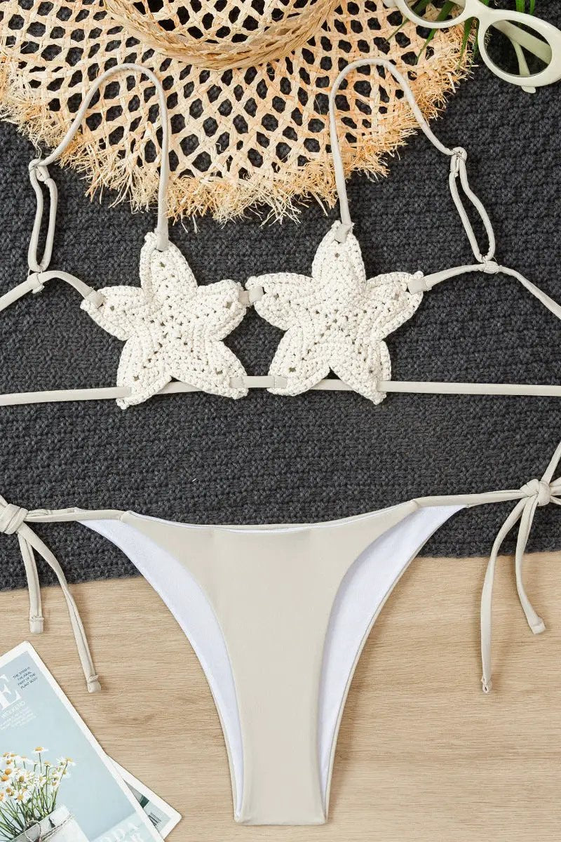 Beige Crochet Starfish Cheeky Sexy 2Pc Swimsuit Set Bikini