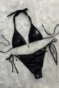 Black Metallic O-Ring Rhinestone Ruched Back Sexy 2Pc Swimsuit Bikini