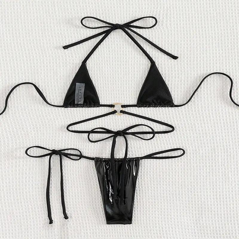 Black Patent Leather Micro Strappy Thong Sexy 2Pc Swimsuit Set